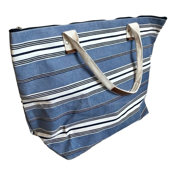 Shopping BAG Blue White Striped Tote Bag Canvas Shopper Travel Bag Beach Bag - Picture 4 of 7